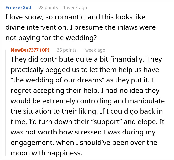 Screenshot of an online discussion about mil demands wedding venue changes causing stress and conflict stuck in a storm.
