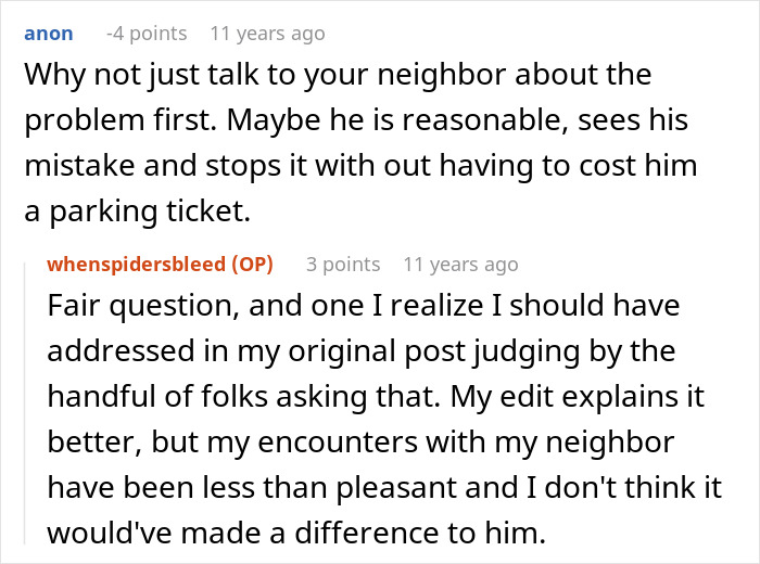 Screenshot of a discussion about a rude guy blocking fire hydrant and driveway, and neighbor calling the cops.