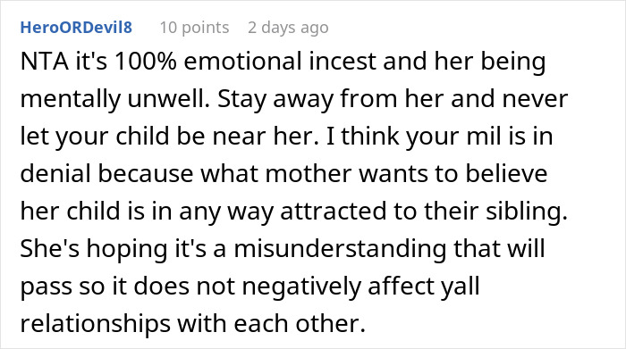 Comment discussing emotional incest and mental health concerns in a woman hospitalized after family intervention.