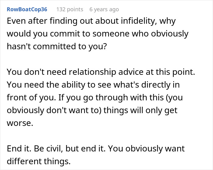 Comment about fianc&eacute;e&rsquo;s unexpected request before wedding making man rethink commitment after infidelity discovery.