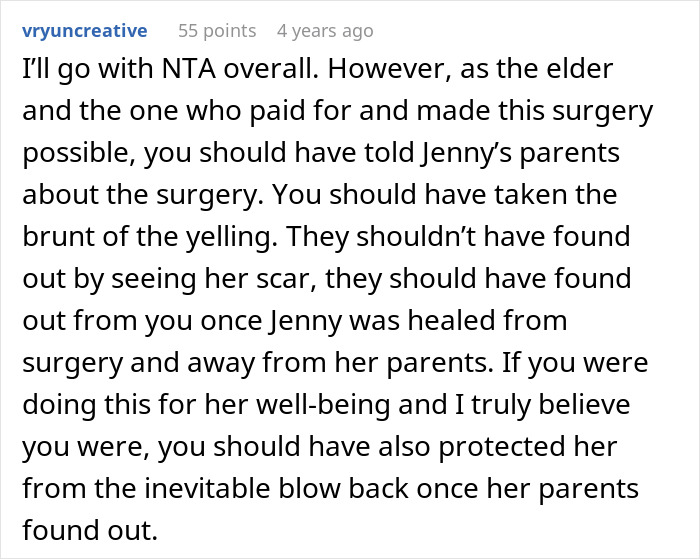 Reddit comment discussing aunt-pay-niece tummy tuck drama and the importance of handling family communication carefully.