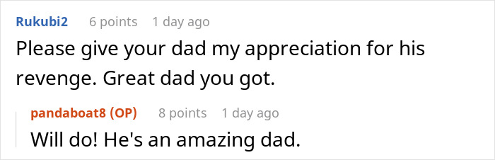 Screenshot of a Reddit comment thread discussing a rich aunt trying to sneak a cheap gift back with dad&rsquo;s petty Christmas revenge.