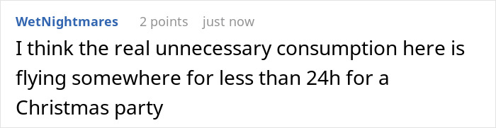 Reddit comment about unnecessary consumption related to flying for a Christmas party, reflecting opinions on gift exchanges.
