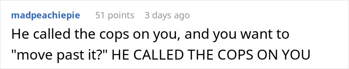 Screenshot of an online comment discussing a woman asking the internet for advice after her boyfriend called the police.