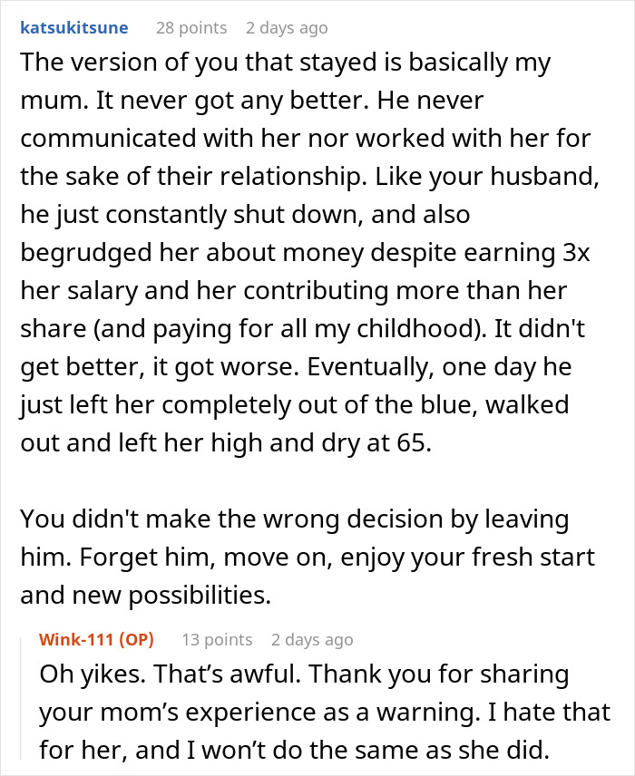 Reddit comments discussing a woman&rsquo;s reality check and regret after a difficult divorce experience.