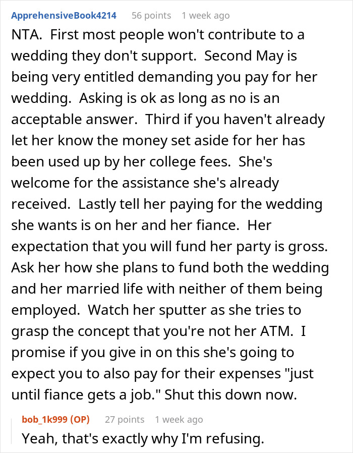 Reddit discussion about a financially unstable woman rushing into marriage and demanding funding for wedding and expenses.