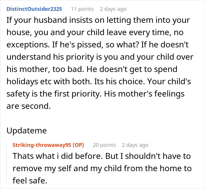 Discussion about banning MIL&rsquo;s creepy husband from home to protect child&rsquo;s safety and its impact on marriage.