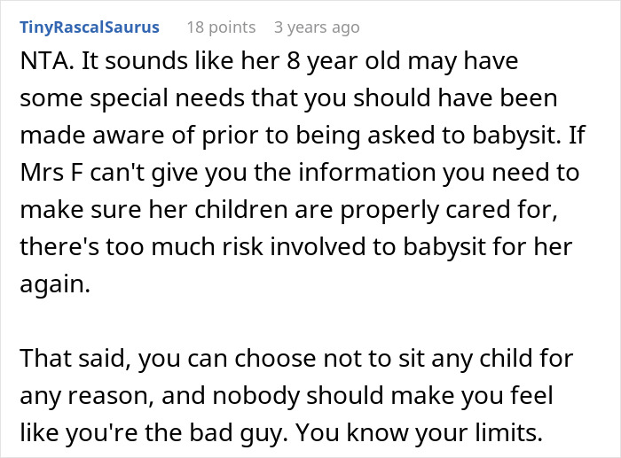 Comment discussing teen refusing to babysit reckless 8-year-old due to safety concerns and parental conflict.