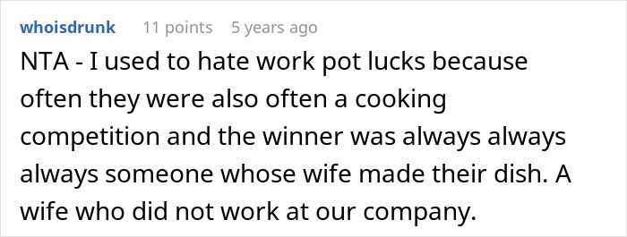 Screenshot of a forum comment discussing frustrations with office potluck store bought dessert drama and cooking competitions.