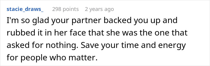 Comment expressing support for a woman upset about son’s partner coming without a gift after being asked not to receive tacky trinkets. Comment expressing support for a woman upset about son’s partner coming without a gift after being asked not to receive tacky trinkets.