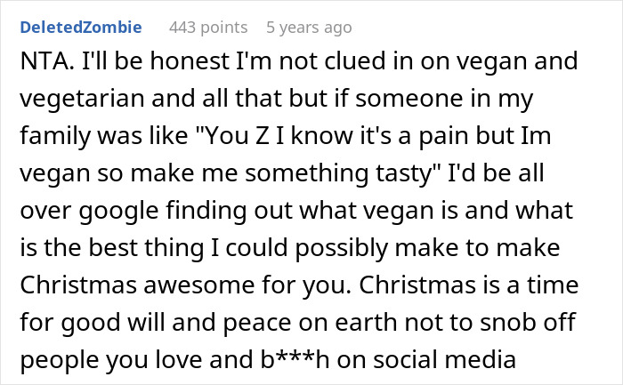 Alt text: Screenshot of a forum comment discussing challenges and efforts when there are no vegan options for Christmas Eve dinner