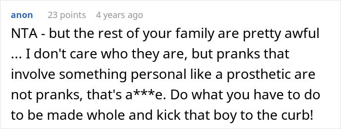 Screenshot of a forum comment criticizing a cruel prank involving a prosthetic and family reactions to the dispute.
