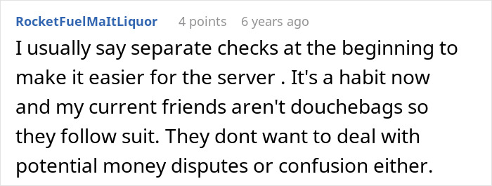 Text post discussing how saying separate checks at dinner helps avoid money disputes, related to brother makes bil pay dinner.