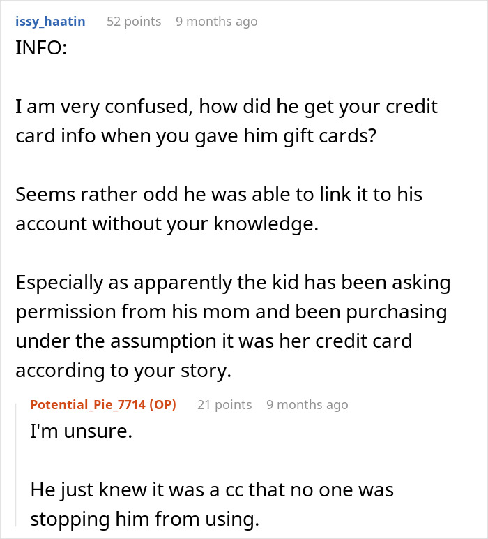 Comment thread discussing confusion over how an entitled nephew used credit card for games without permission. Comment thread discussing confusion over how an entitled nephew used credit card for games without permission.
