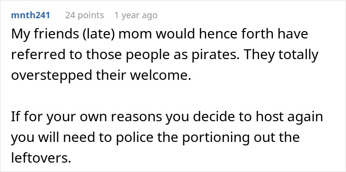 Comment discussing the shock of a Thanksgiving host left with an empty fridge after family clears leftovers.