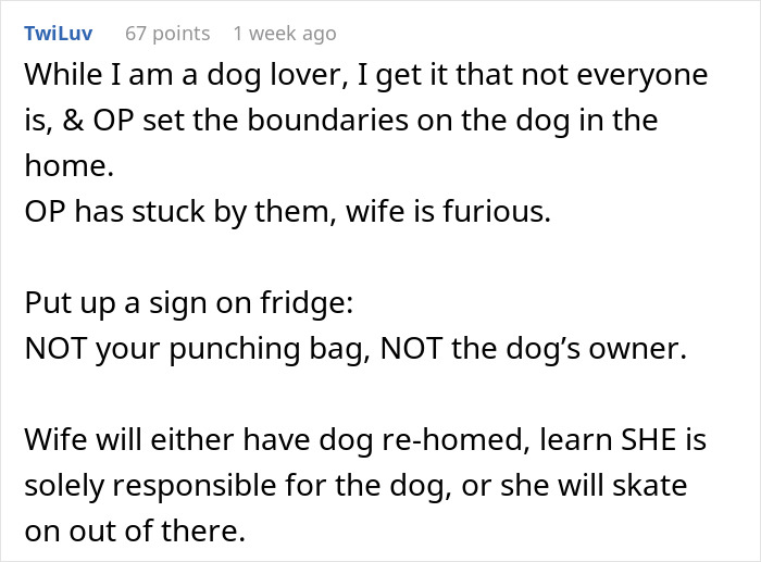 Comment about dog-care-home-drama, setting boundaries for the dog, and tension between wife and OP in the household.