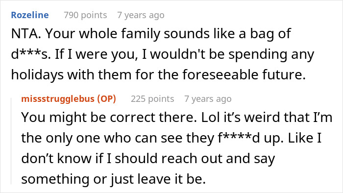 Reddit conversation featuring a woman feeling like she ruined Thanksgiving after blowing up at family for leaving dinner early. Reddit conversation featuring a woman feeling like she ruined Thanksgiving after blowing up at family for leaving dinner early.