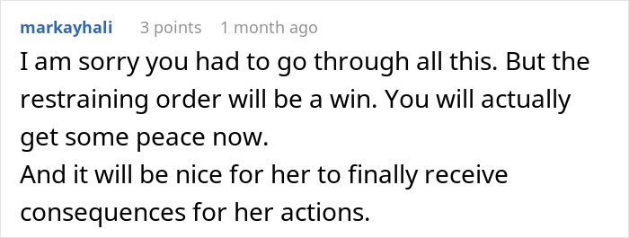 Comment expressing support for a woman taking out a restraining order against her mother-in-law after 29 years of marriage.