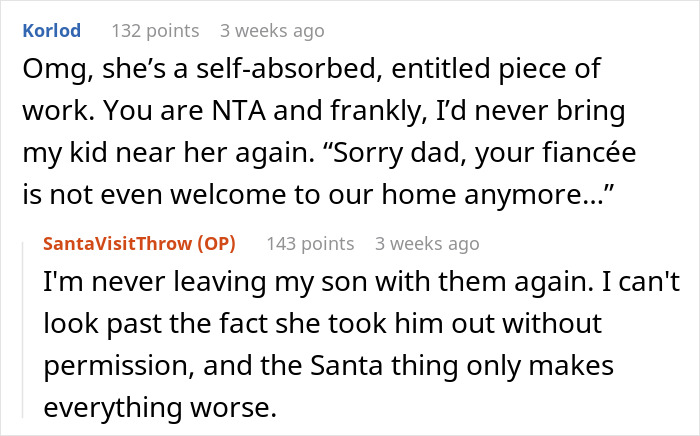 Comments discussing a step-grandma sneaking baby to Santa and the ensuing loss of babysitting privileges.