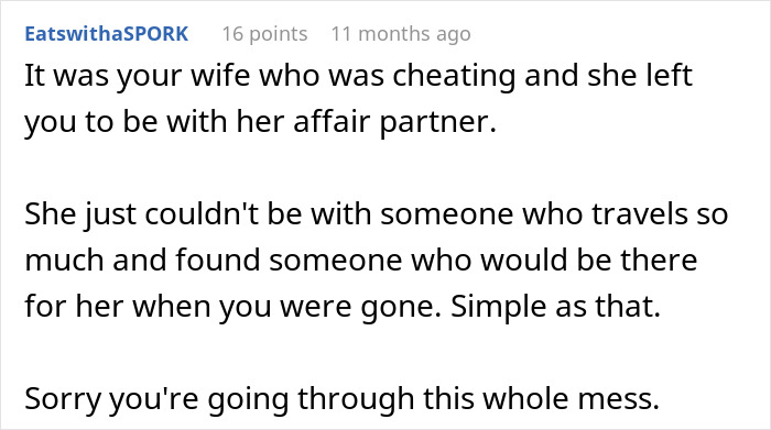 Screenshot of a forum comment discussing cheating, wife leaving husband, and ruining husband&rsquo;s reputation after 10 years.