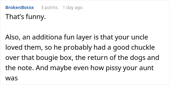Comment from user BrokenBotox sharing a funny story about a rich aunt and petty Christmas revenge involving a cheap gift.