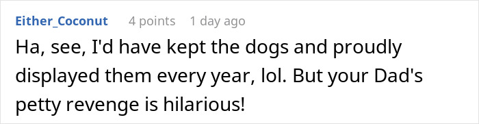 Screenshot of a Reddit comment discussing a dad&rsquo;s petty Christmas revenge after a cheap gift attempt by a rich aunt.