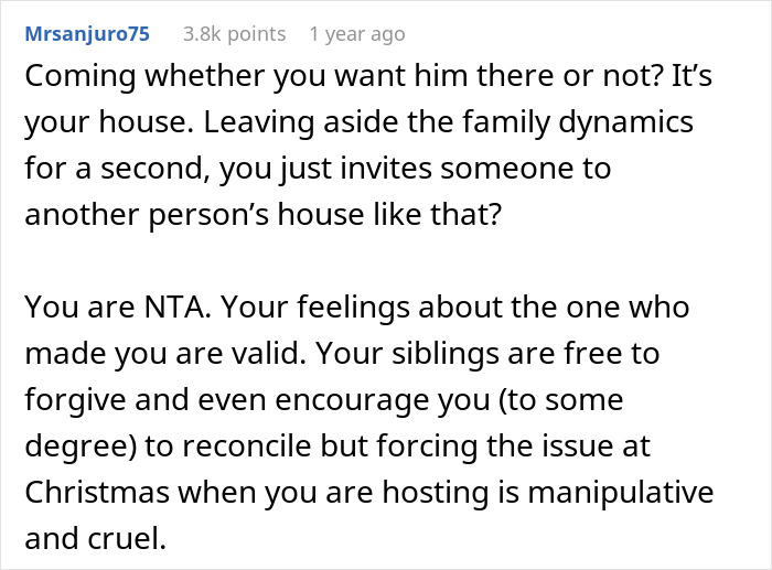 Comment on siblings sharing surprise plan and guy kicking siblings out, highlighting family dynamics and valid feelings.