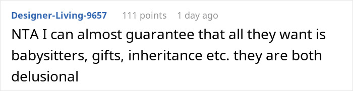 Comment from a Reddit user discussing family conflicts after dad cuts off late wife&rsquo;s family and demands they accept new baby.