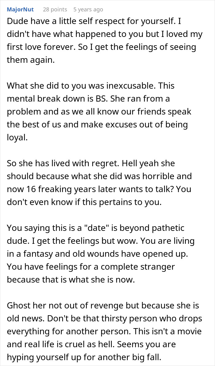 Comment discussing a man left without closure after fiancé disappears before wedding and reappears 16 years later.