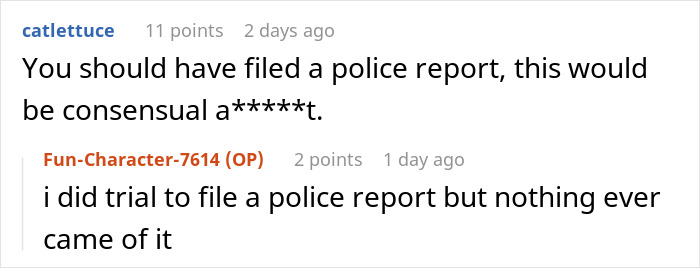 Reddit user comments discussing police report filing after a roommate dispute involving grass in a pillow prank.