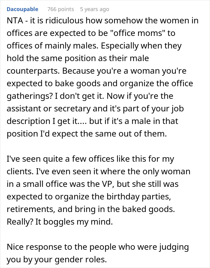 Comment discussing office potluck store bought dessert drama and gender role expectations in workplace gatherings.