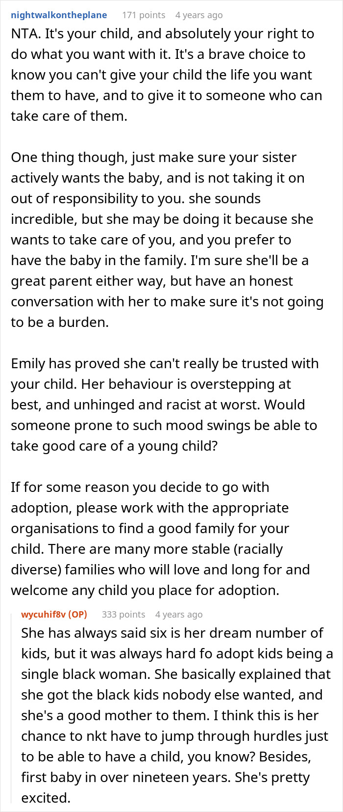 Reddit comments discussing a racist lady&rsquo;s demand for her friend&rsquo;s white baby and adoption by his sister instead.