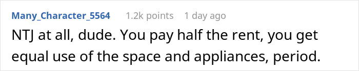 Screenshot of a social media comment discussing a person refusing to follow roommate&rsquo;s strict vegan kitchen rules, labeled selfish.