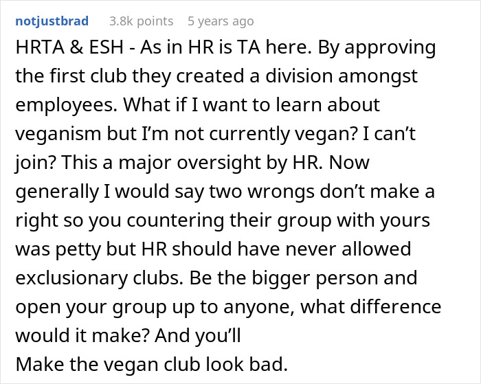 Employee discussing HR oversight on vegan-only club and starting a beef club in response to exclusion.