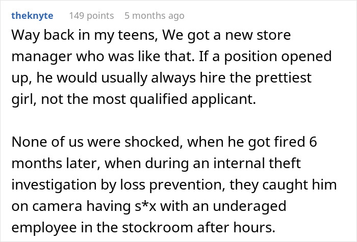 Screenshot of a Reddit comment discussing a boss who influenced hiring based on his crush, leading to disastrous results. Screenshot of a Reddit comment discussing a boss who influenced hiring based on his crush, leading to disastrous results.
