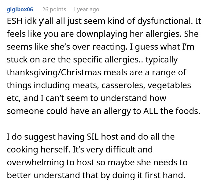 Comment discussing family allergies and the challenge of accommodating multiple food restrictions during holidays.