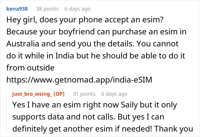 Reddit conversation about being held hostage at parents&rsquo; place and discussing using eSIM for communication.