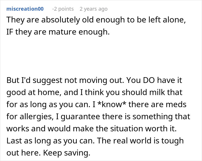 Comment discussing family dynamics and advice about moving out, relating to family gangs and childcare challenges.
