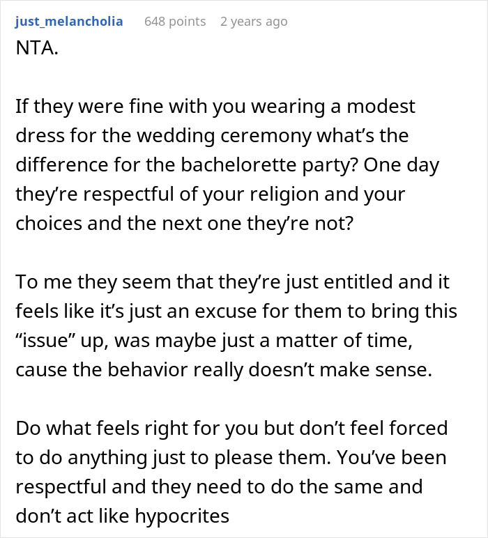 Screenshot of a Reddit comment discussing family conflict over Muslim daughter-in-law refusing to wear bikini for bridal party.