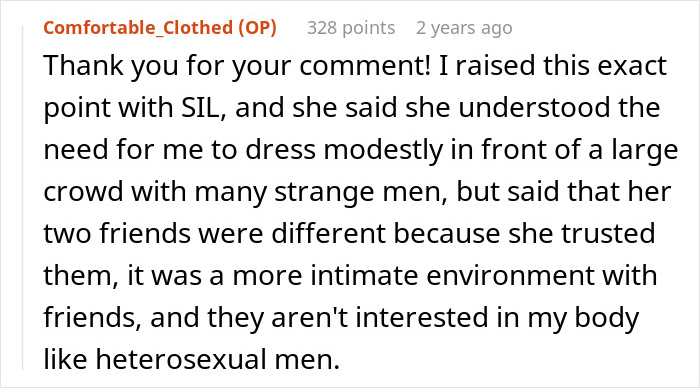 Comment explaining a family dispute involving Muslim daughter-in-law choosing modest dress over wearing a bikini at a bridal party.