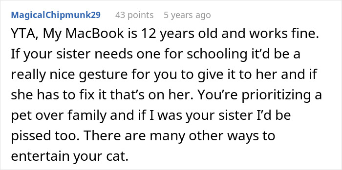 Screenshot of a Reddit comment discussing a guy giving his old laptop to his cat instead of his sister, sparking debate online.