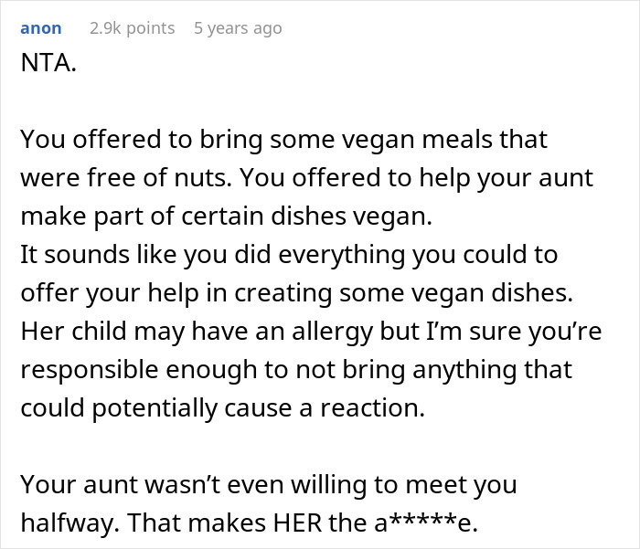 Comment discussing challenges of no vegan options Christmas Eve dinner and efforts to provide safe vegan meals free of nuts.