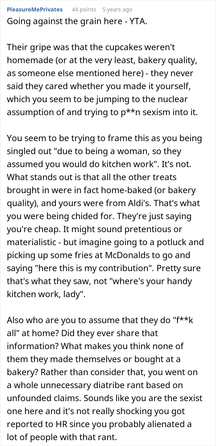 Comment discussing office potluck store bought dessert drama and perceptions of homemade versus store-bought treats.