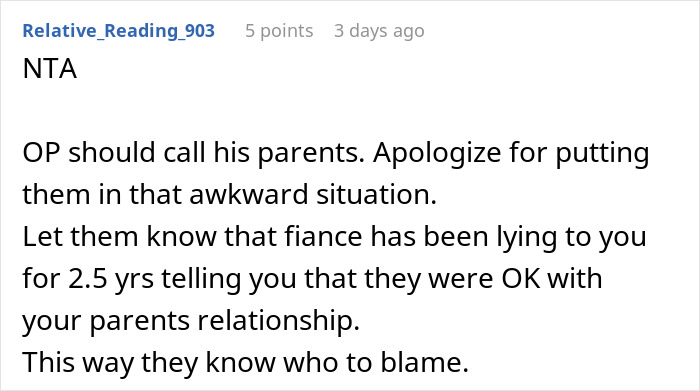 Screenshot of a Reddit comment advising to confront fianc&eacute;&rsquo;s lie about family after holiday dinner conflict during engagement.
