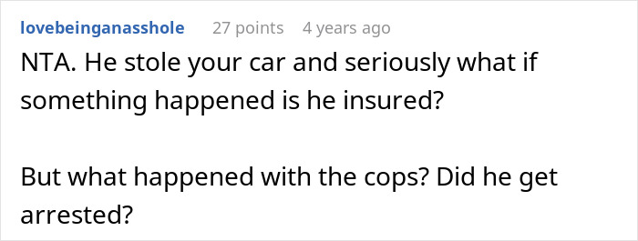 Comment discussing a half-brother stealing a car and questioning if he got arrested and was insured.