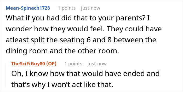 Commenters discuss parents letting friends sit at main table for Thanksgiving while son is annoyed at overflow table seating.