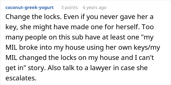 Text comment about MIL breaking into house and changing locks, advising legal help after MIL poisons family dog and verbally attacks woman.