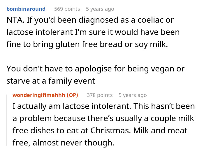 Reddit thread discussing challenges of no vegan options Christmas Eve dinner, lactose intolerance, and dietary restrictions at family events.