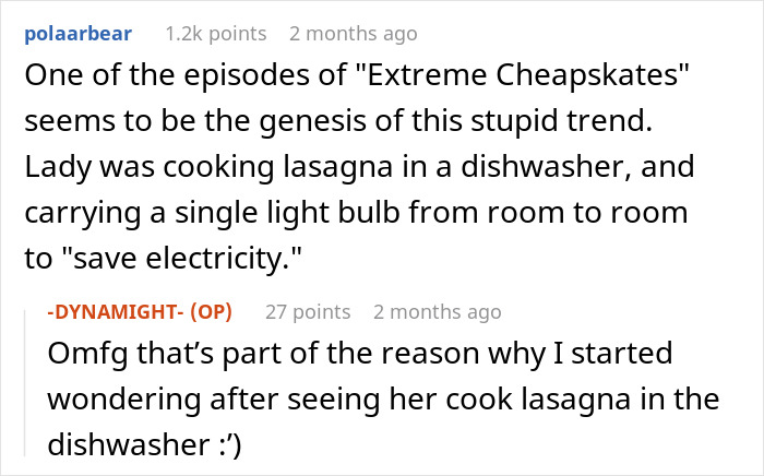 Screenshot of a Reddit conversation discussing confusion over cooking food in the dishwasher trend.