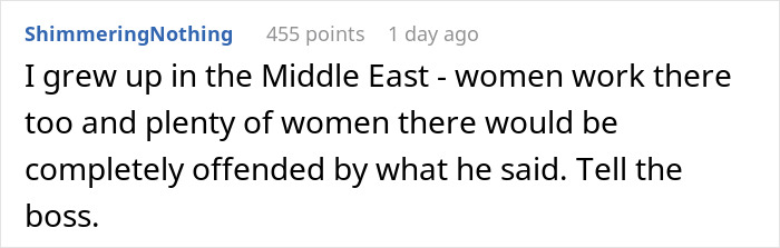 Screenshot of a social media comment about a coworker telling a woman she should stay home and birth babies. Screenshot of a social media comment about a coworker telling a woman she should stay home and birth babies.